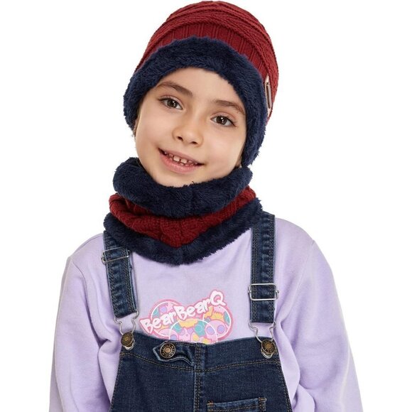 Kids Boys Girls Winter Warm Knit Beanie Hat Cap Neck Scarf Set with Fleece - Picture 5 of 6